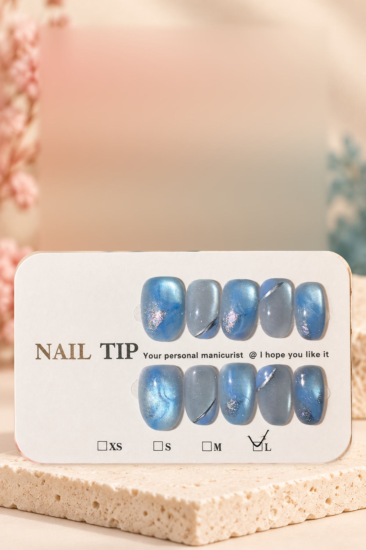 Blue Gray Silver Swirl Cat-Eye Press-On / Glue-On Nails – Size L