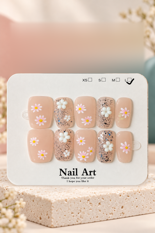 Nude Pink Daisy Raised Flower Glitter Press-On / Glue-On Nails – Size L