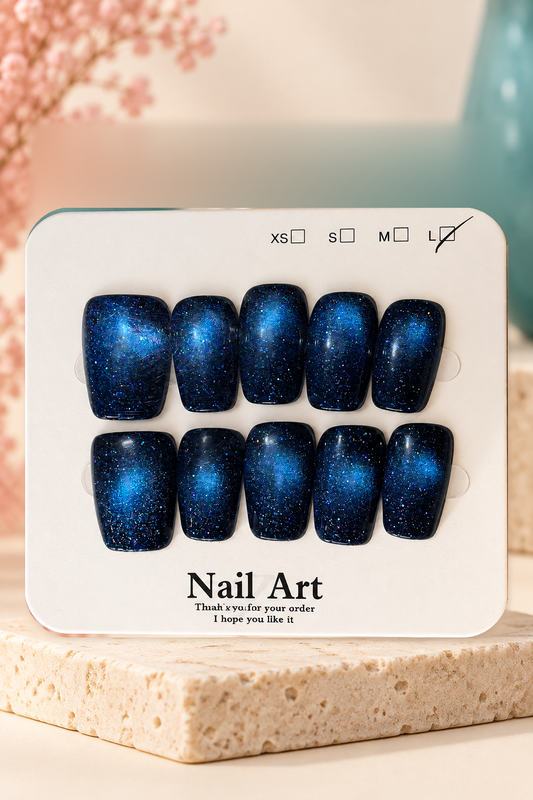 Midnight Blue Cat-Eye Press-On / Glue-On Nails – Size L