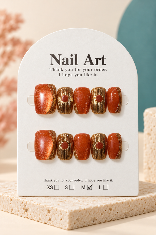 Copper Gold Sculpted Cat-Eye Press-On / Glue-On Nails – Size M