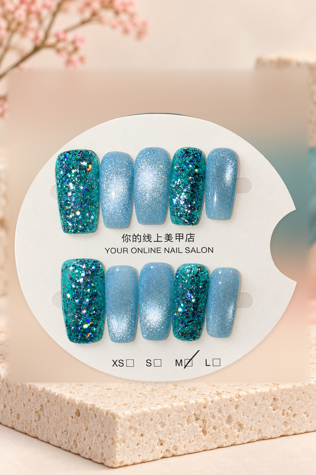 Ice Blue Teal Glitter Press-On / Glue-On Nails – Size M