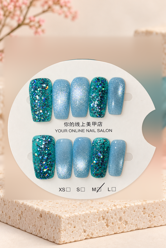 Ice Blue Teal Glitter Press-On / Glue-On Nails – Size M