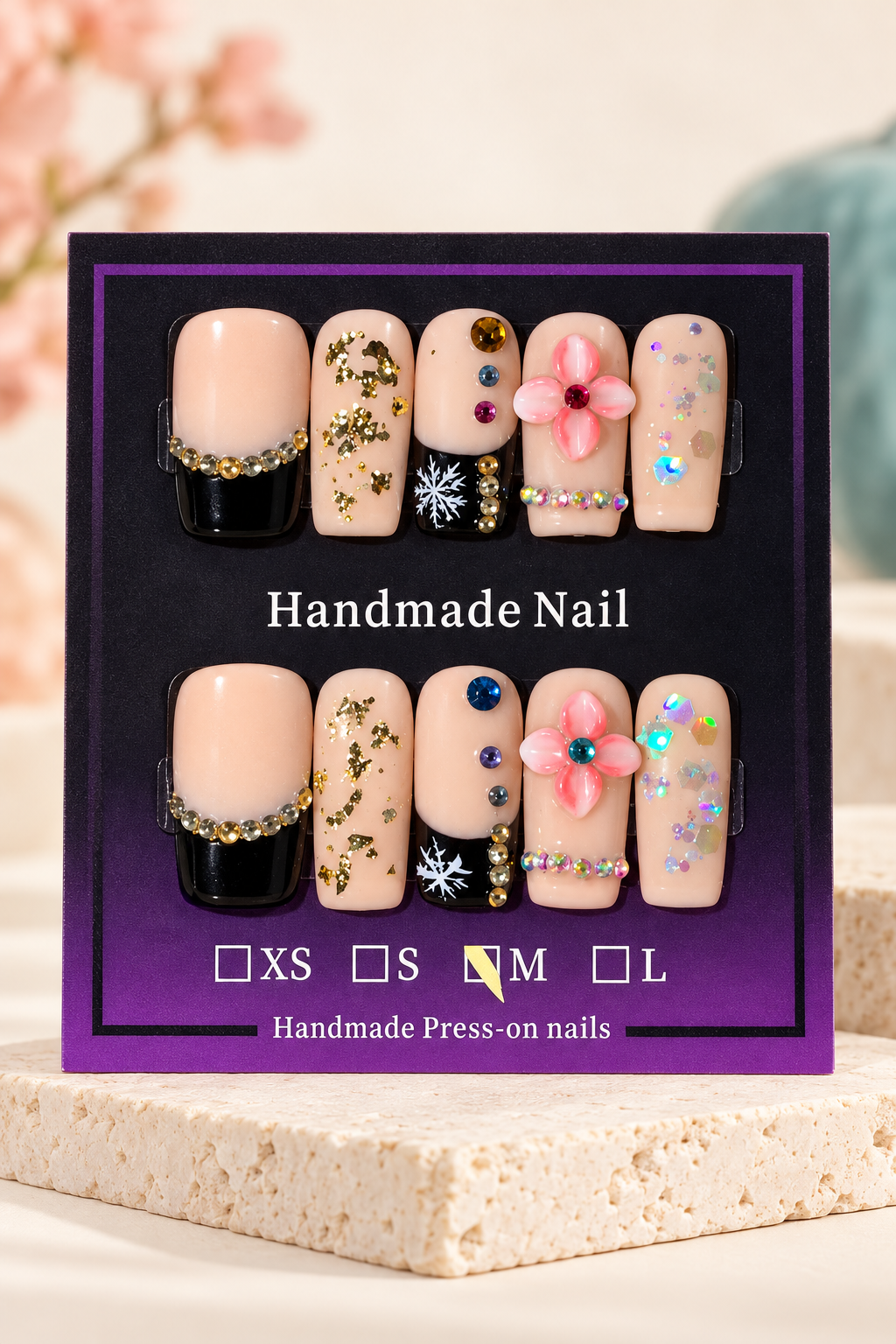Nude Black French Pink Flower Jewel Press-On / Glue-On Nails – Size M