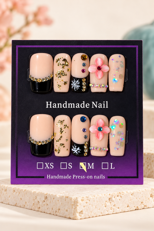 Nude Black French Pink Flower Jewel Press-On / Glue-On Nails – Size M
