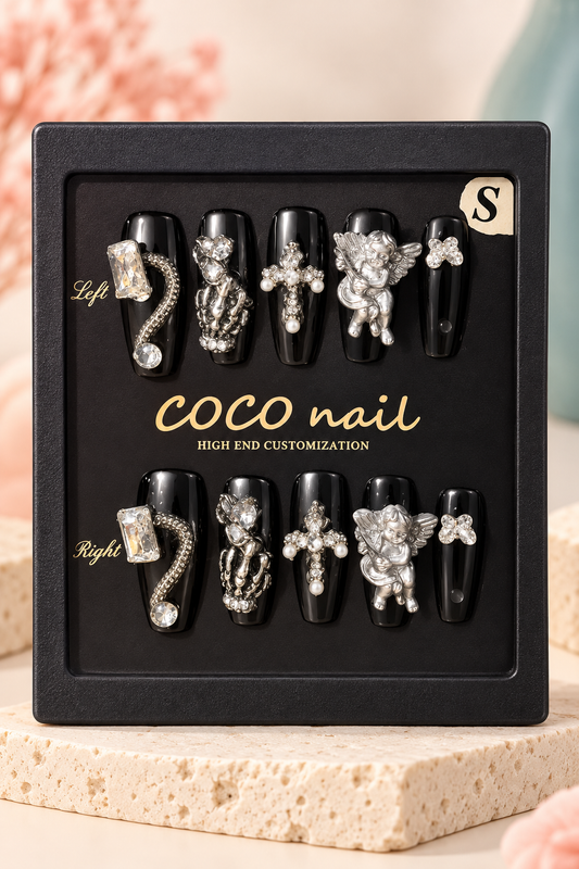 COCO Black Silver Cherub Cross Charm Press-On / Glue-On Nails – Size S
