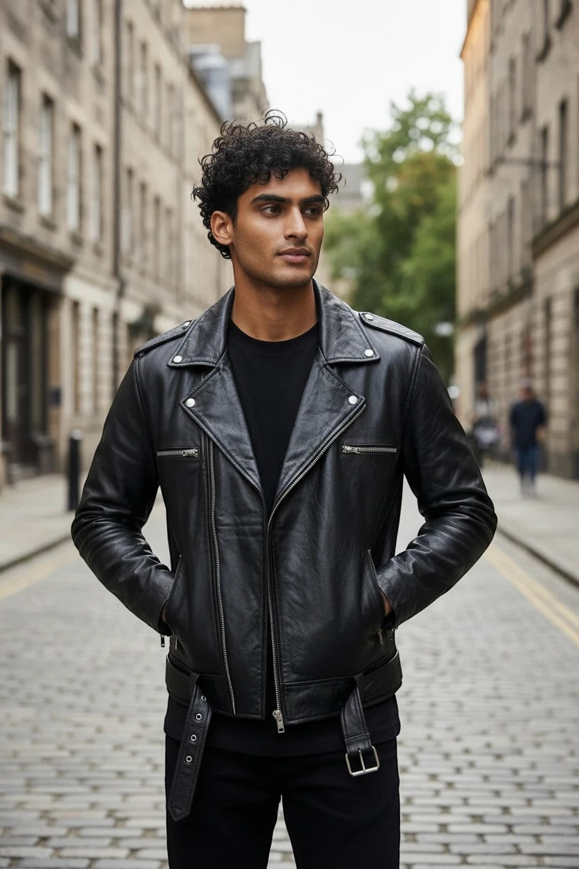 Fashion Honey's men's black leather biker jacket with a point collar, zip closures, and belt buckle on a city street.