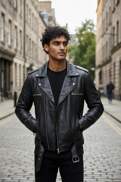 Fashion Honey's men's black leather biker jacket with a point collar, zip closures, and belt buckle on a city street.