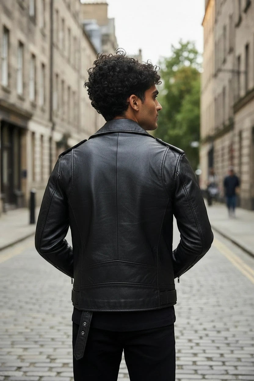 Fashion Honey's men's black leather biker jacket with a point collar and belted waist, worn by a man on a city street.