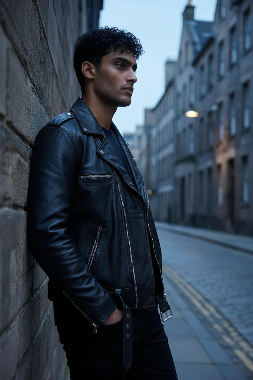 Fashion Honey's men's black leather biker jacket with zip closures and belt buckle, worn by a man on a city street.