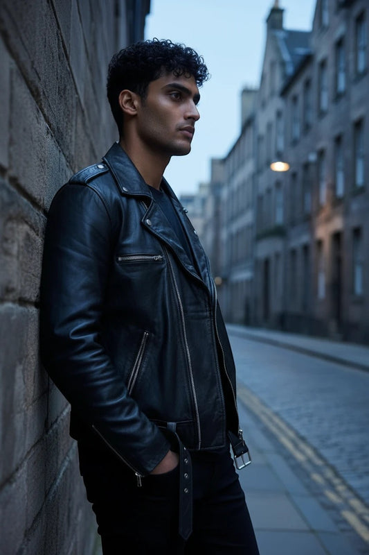 Fashion Honey's men's black leather biker jacket with zip closures and belt buckle, worn by a man on a city street.