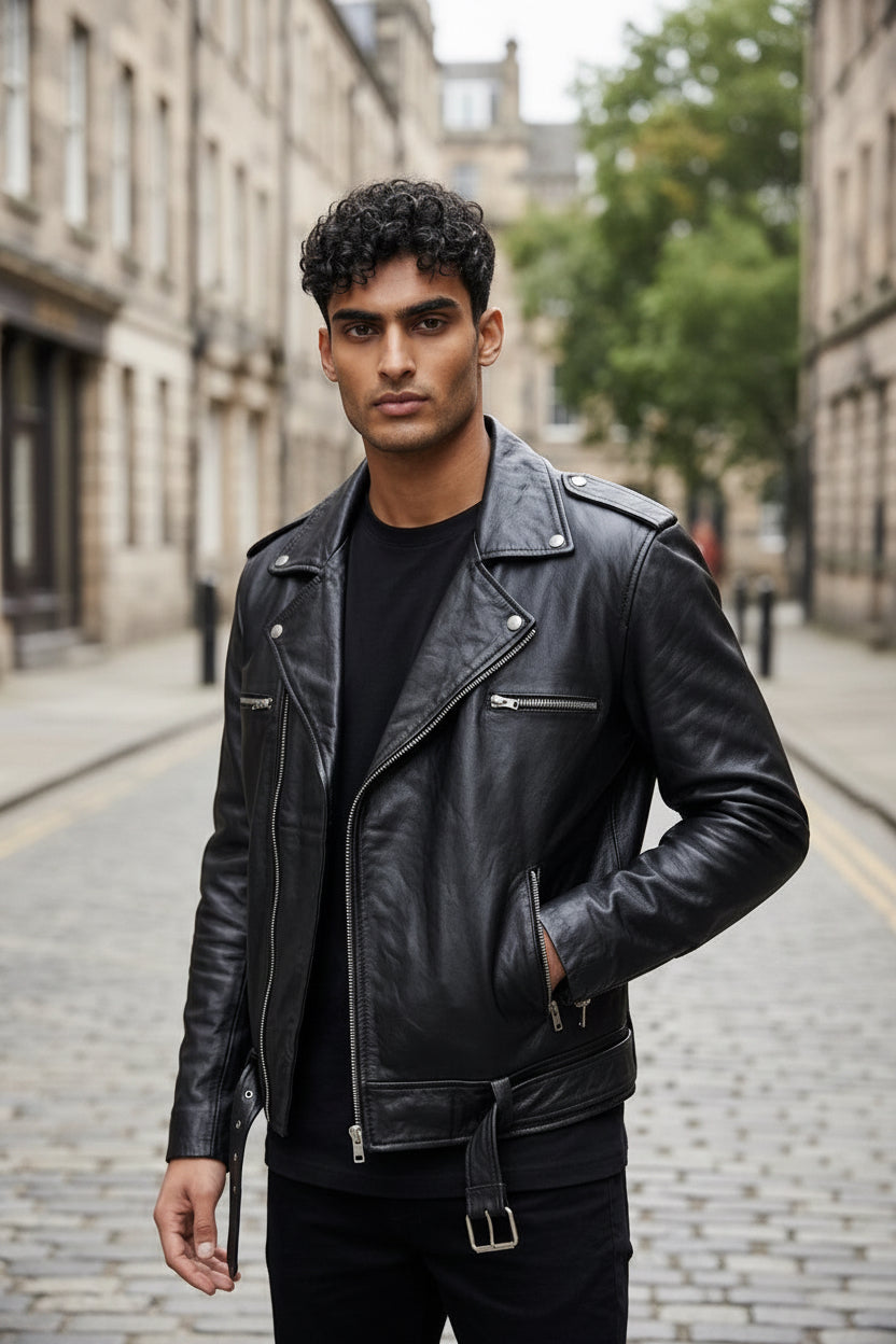 Fashion Honey's men's black leather biker jacket with zip closures, point collar, and belted waist on a male model.