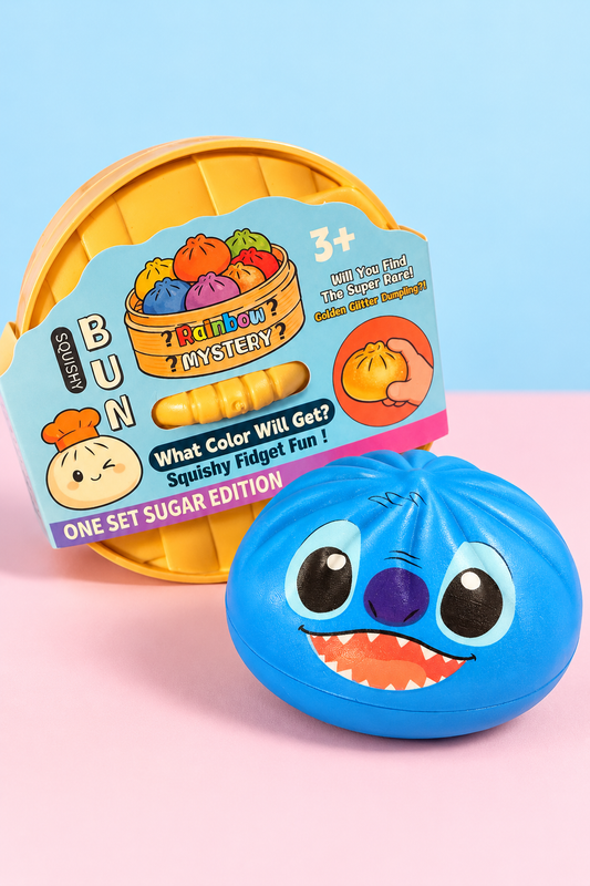 Blue foam mystery bun squishy with cartoon face and orange steamer-style packaging