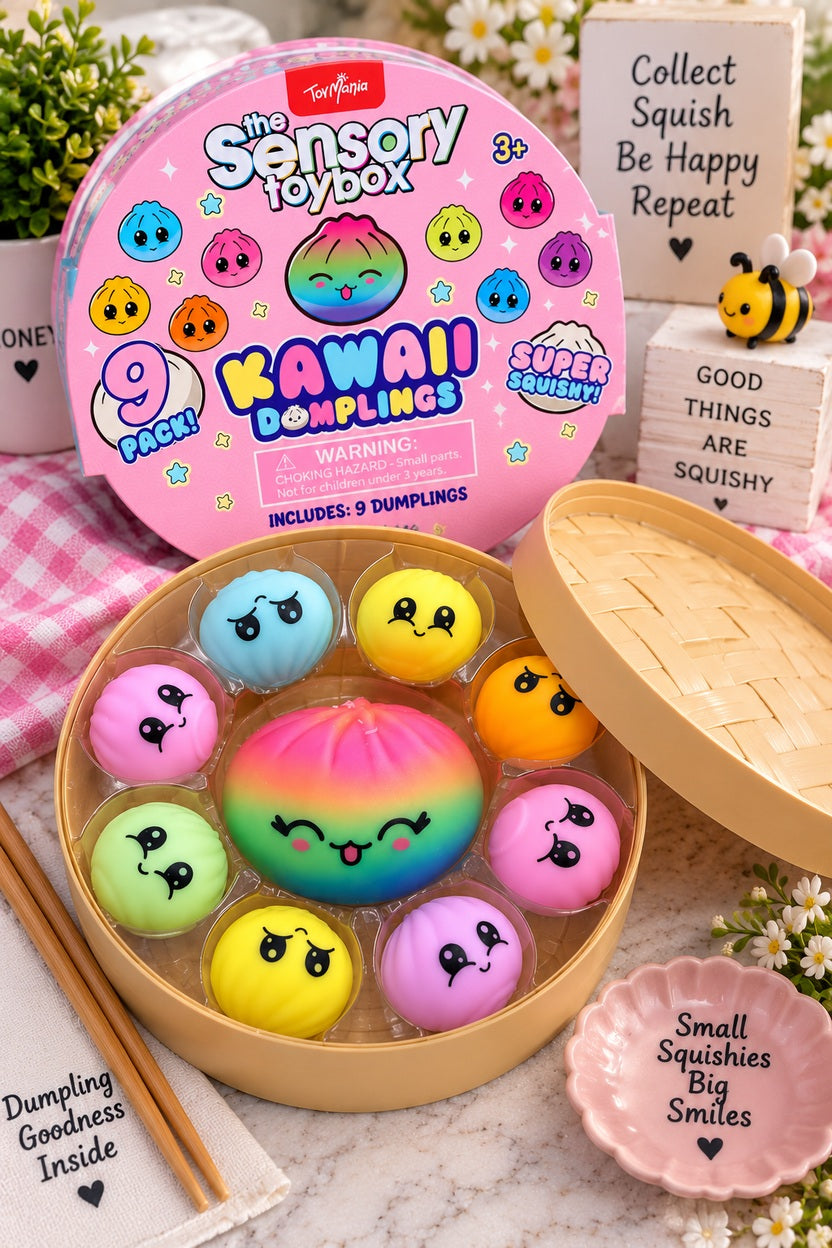 ToyMania Kawaii Dumplings nine-piece sensory squishy set styled in a pastel lifestyle display