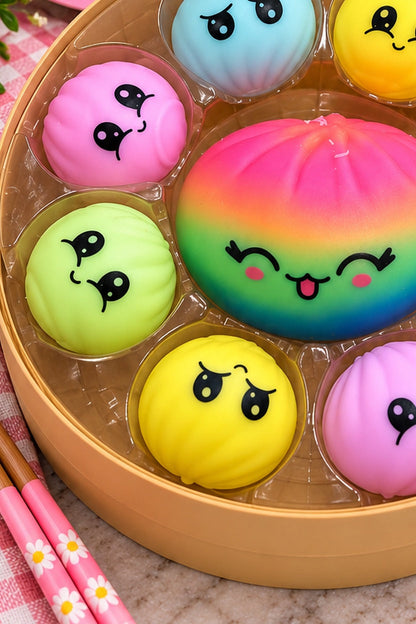 Mini pastel dumpling squishy details and faces in ToyMania Kawaii Dumplings set