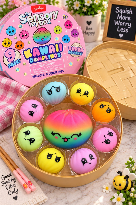 ToyMania Kawaii Dumplings 9-Pack open tray with eight mini dumplings and jumbo rainbow dumpling