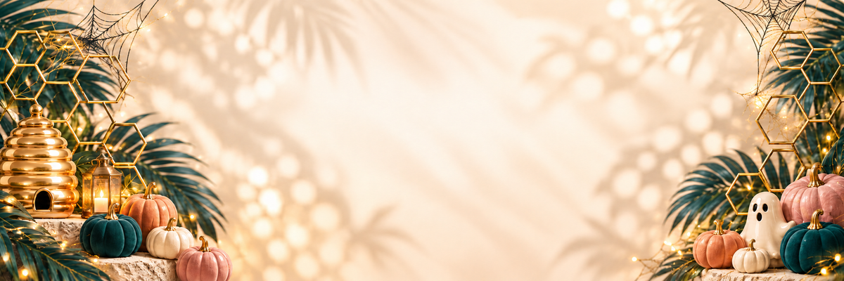 Halloween Hive background with muted pumpkins, ghost, gold honeycombs, beehive, lantern and cobwebs
