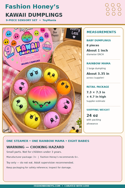 Fashion Honey's Kawaii Dumplings accurate Size and Warnings guide: baby dumplings approx 1 inch each, rainbow mama approx 3.35 inches, package 7.3 by 7.3 by 4.7 inches, shipping 24 oz
