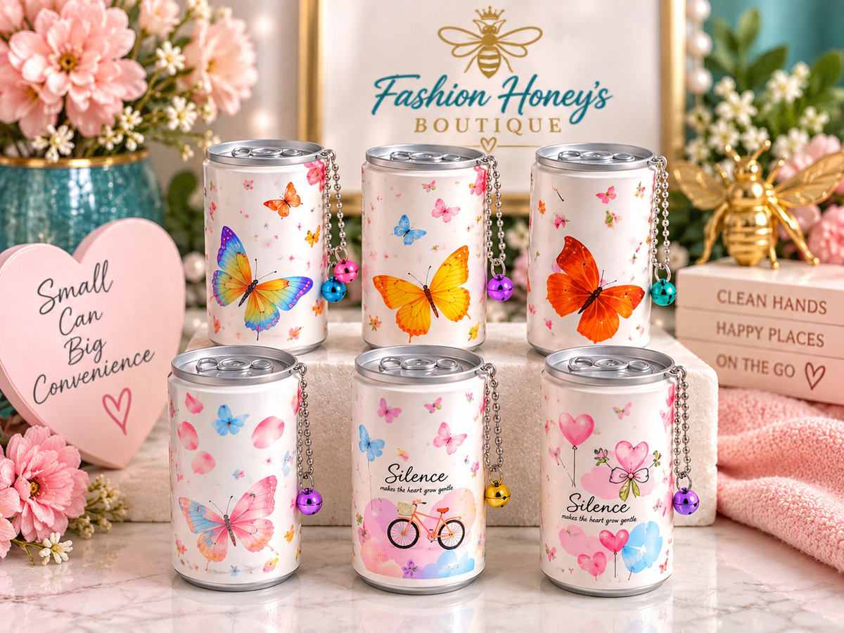 Fashion Honey's mini wet wipes keychain canisters — six designs on pastel boutique display