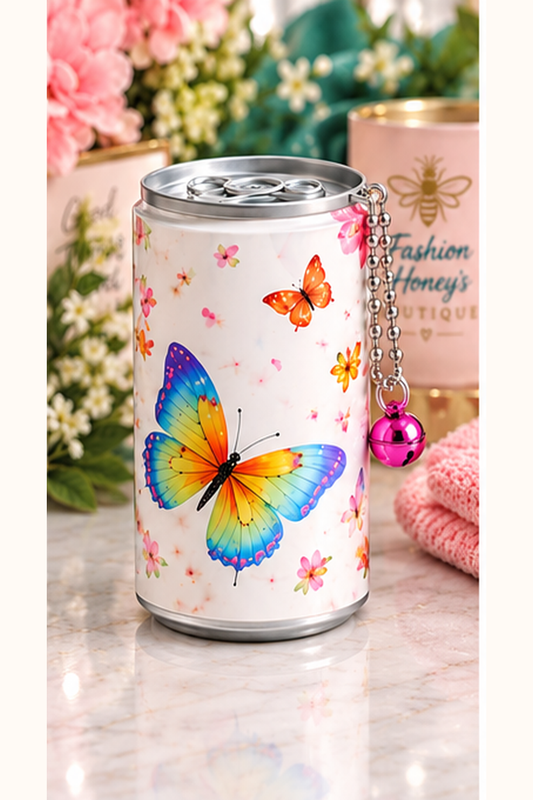 Mini wet wipes canister keychain — multicolor butterfly design with one bell charm