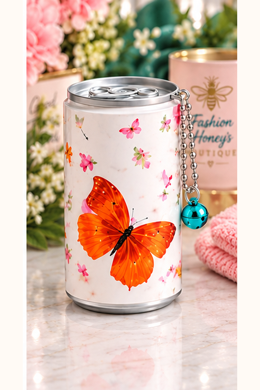 Mini wet wipes canister keychain — orange butterfly design with one bell charm
