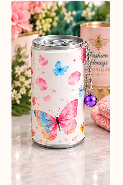 Mini wet wipes canister keychain — pastel butterfly design with one bell charm