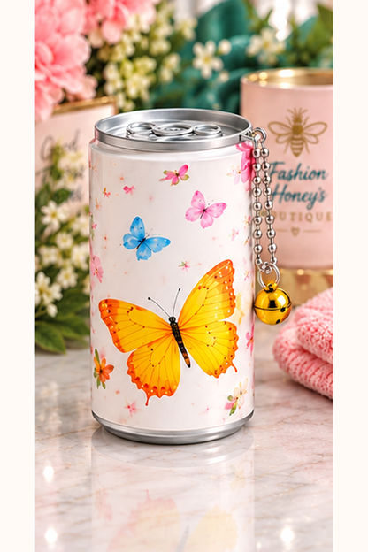 Mini wet wipes canister keychain — yellow butterfly design with one bell charm