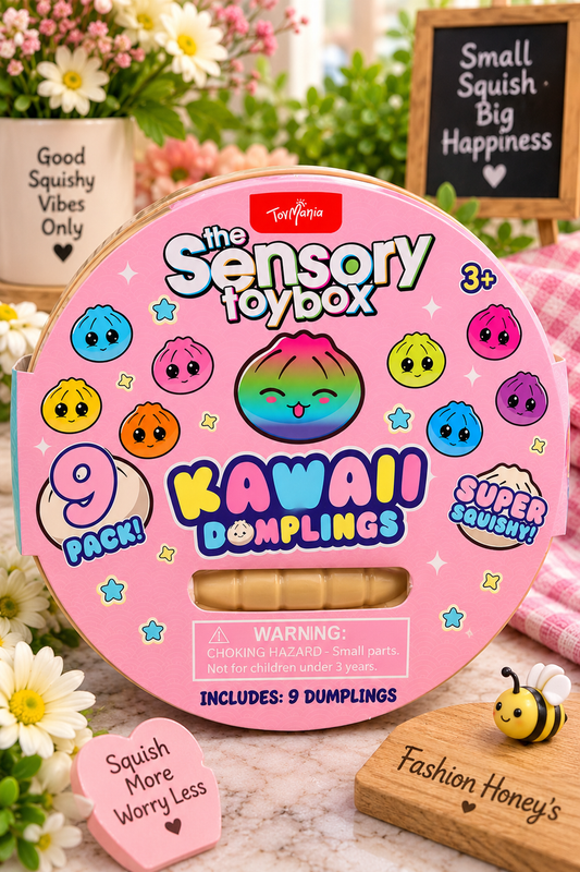 ToyMania Kawaii Dumplings 9-Pack Sensory Toybox in round pink retail package with floral boutique background and tiny honeybee decoration