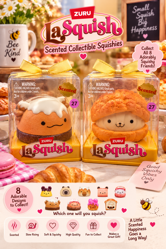ZURU La Squish scented collectible squishies – Brown Frosted Treat and Orange Pastry Sandwich in gift display cases, two available characters