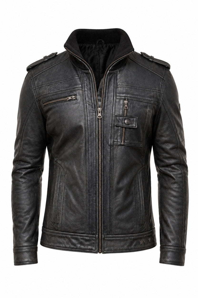 Stone Black Leather Biker Jacket