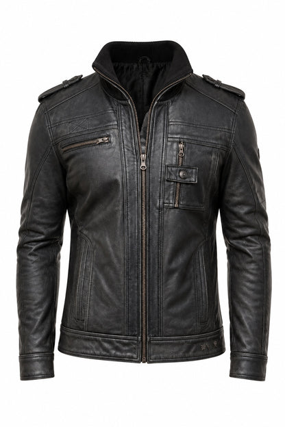 Stone Black Leather Biker Jacket