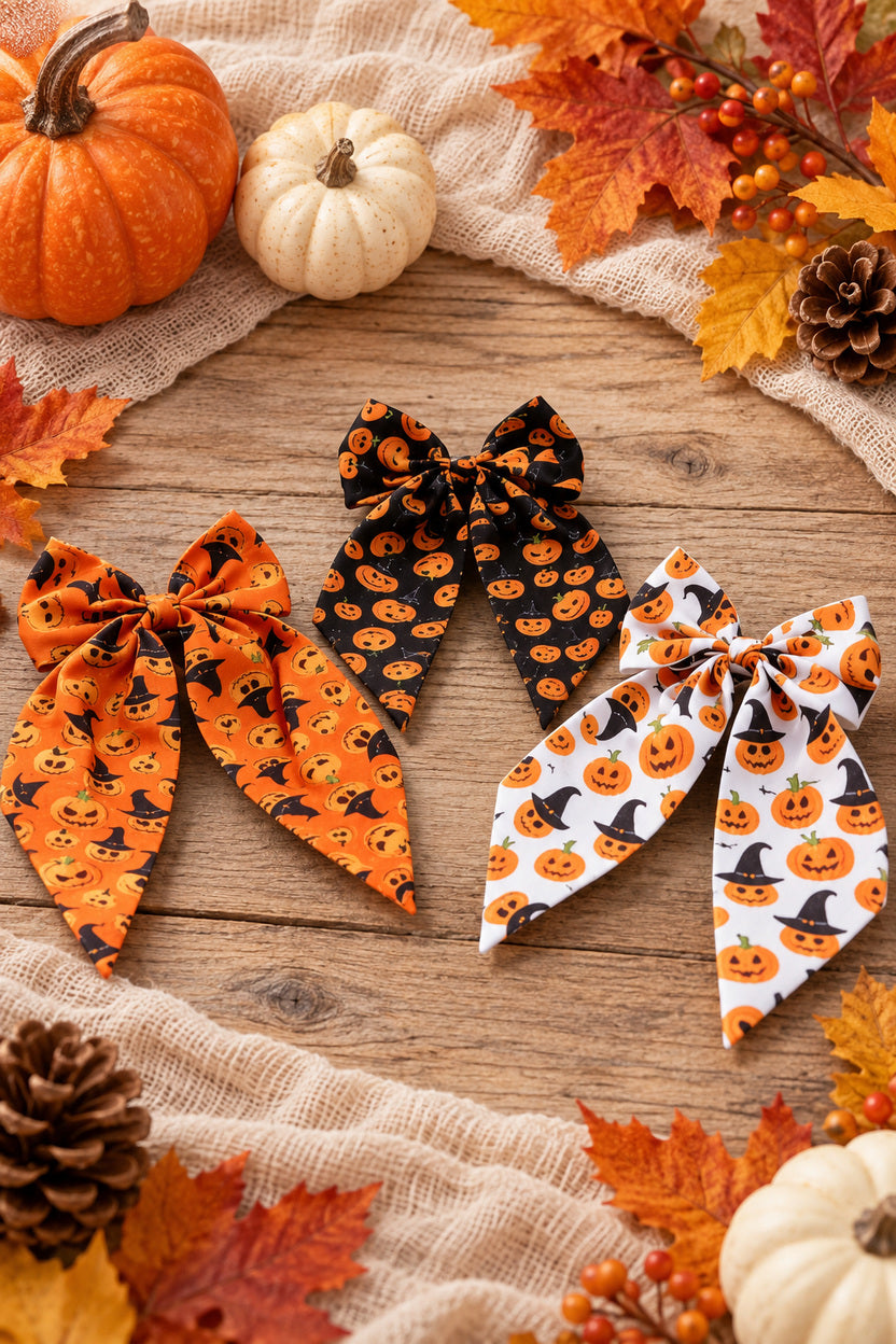 Three Halloween fabric bows in orange, black and white with pumpkin patterns on an autumn tabletop