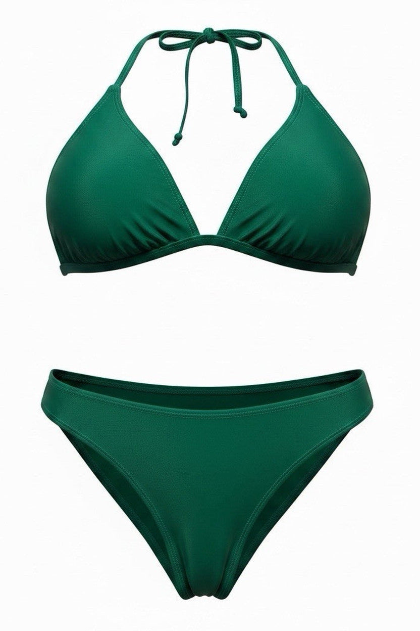 NWT Size XL - Women's Green Solid Triangle Halter Bikini 2-Piece Swimsuit Set - Image 1