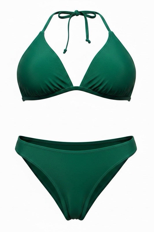 NWT Size XL - Women's Green Solid Triangle Halter Bikini 2-Piece Swimsuit Set - Image 1