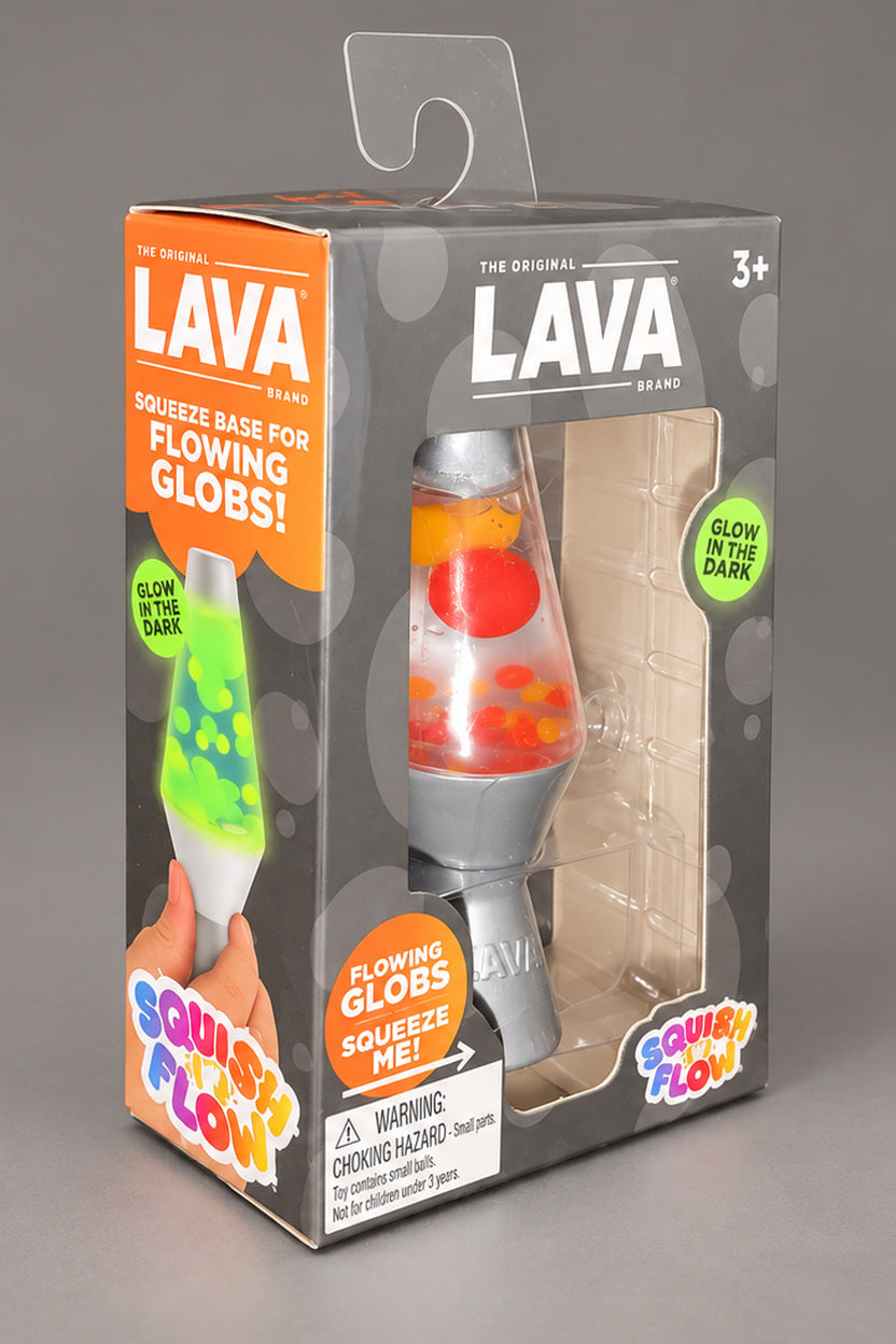 LAVA Brand Squish ’N Flow toy box shown from an angle with orange side panel
