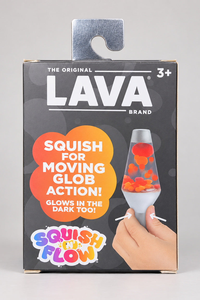 Back of LAVA Brand Squish ’N Flow toy box with squeeze and glow descriptions