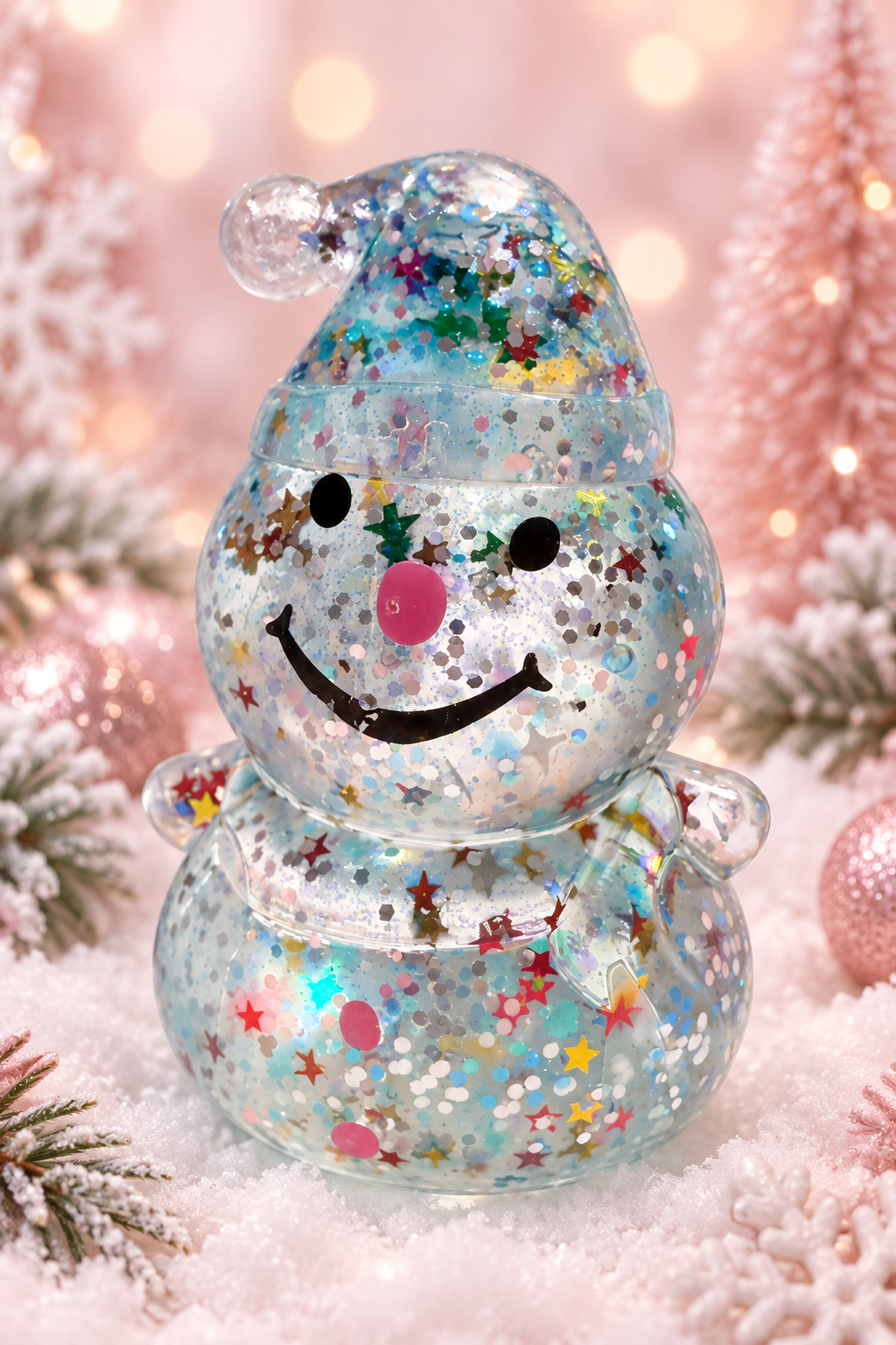 Glitter snowman sugar squeezy toy on pastel Christmas background