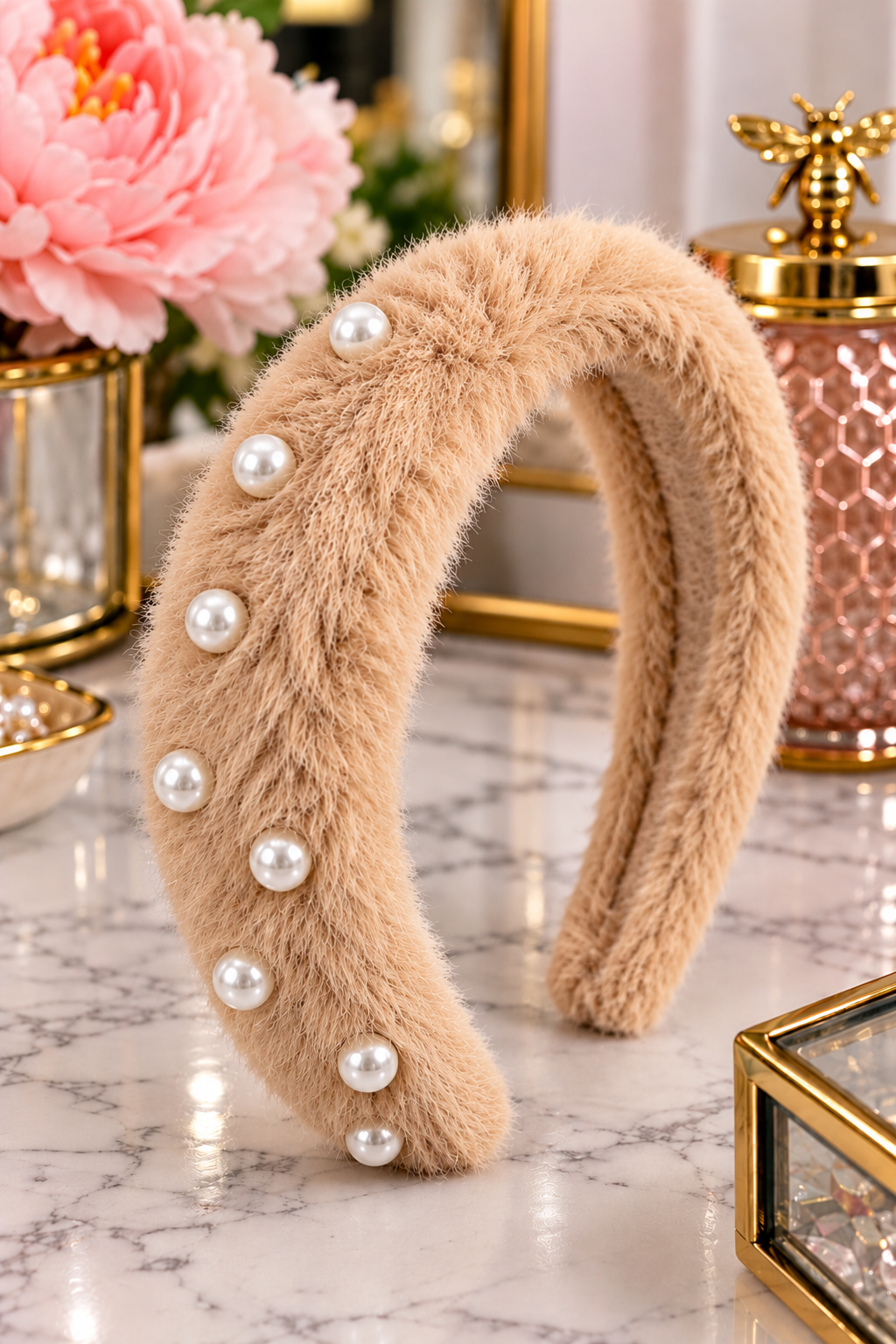 Beige/Peach faux fur pearl accent padded headband