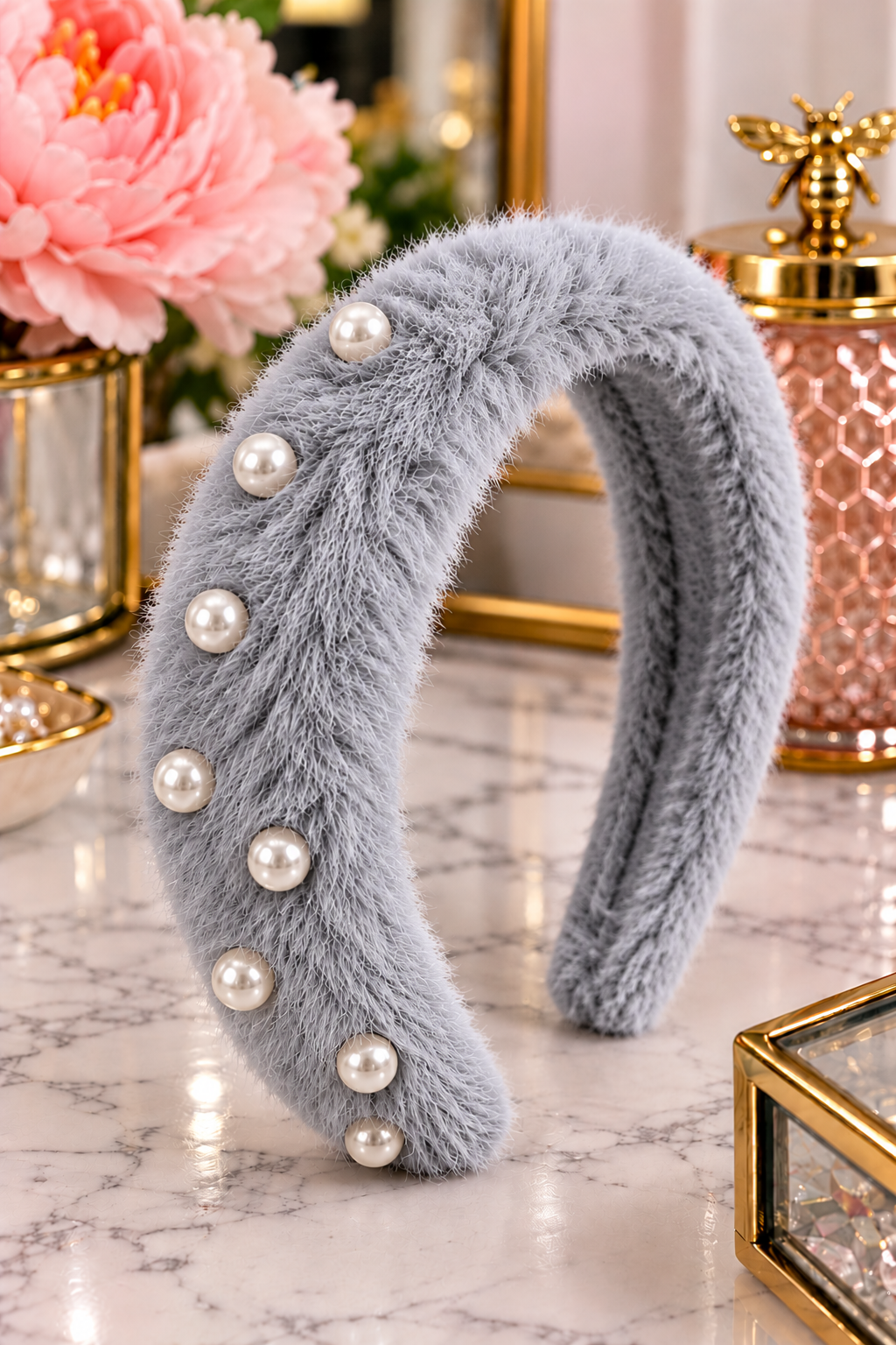 Gray faux fur pearl accent padded headband