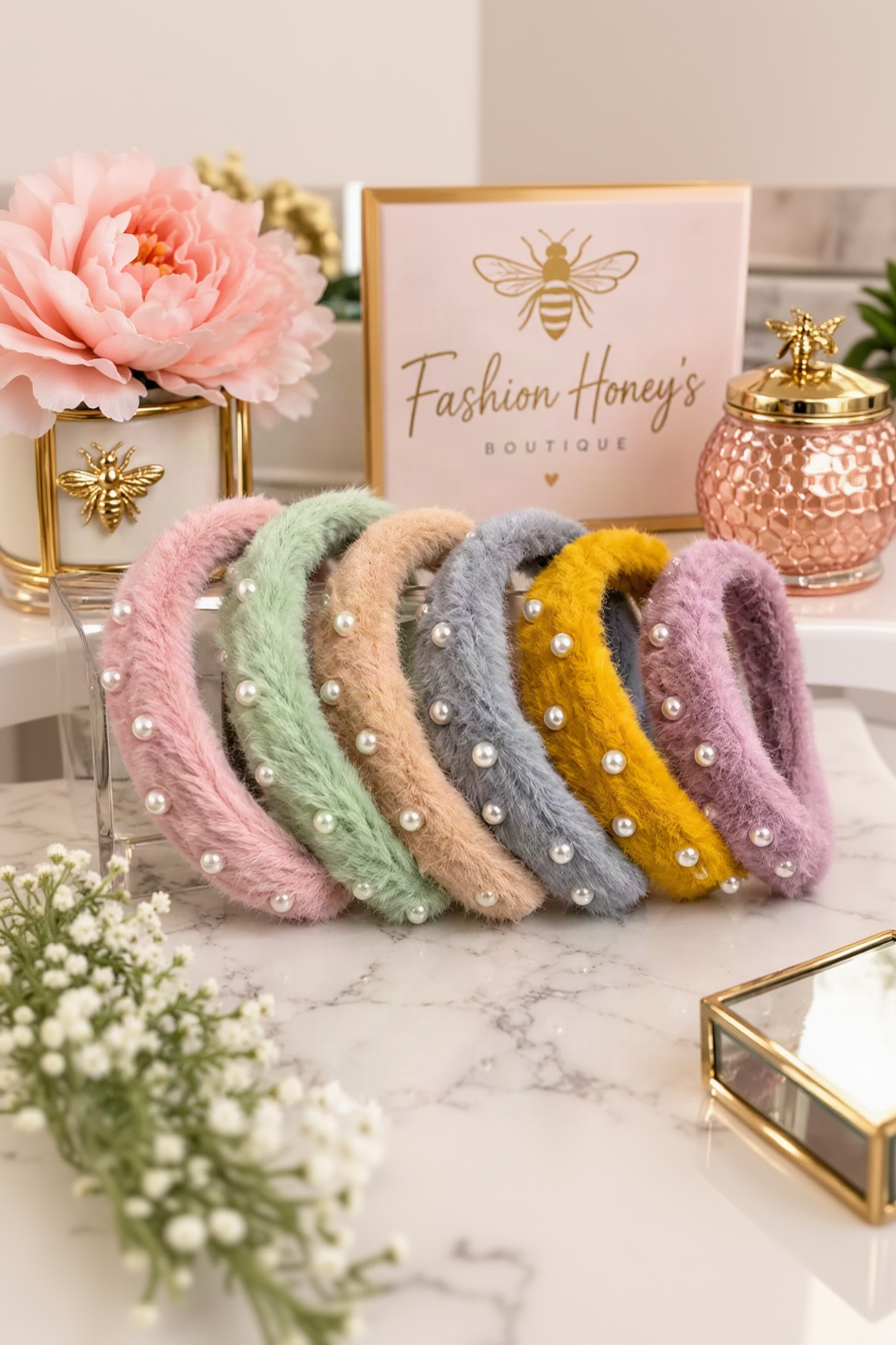 Six colors of plush faux fur pearl accent headbands Fashion Honey's