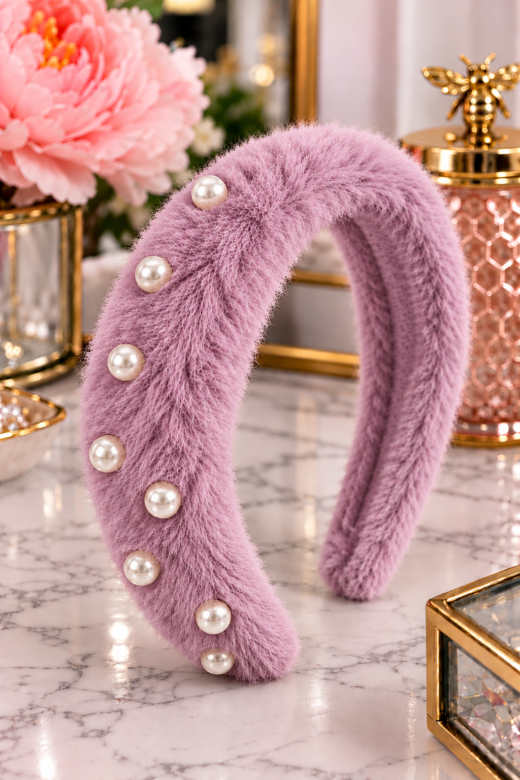 Mauve/Lilac faux fur pearl accent padded headband