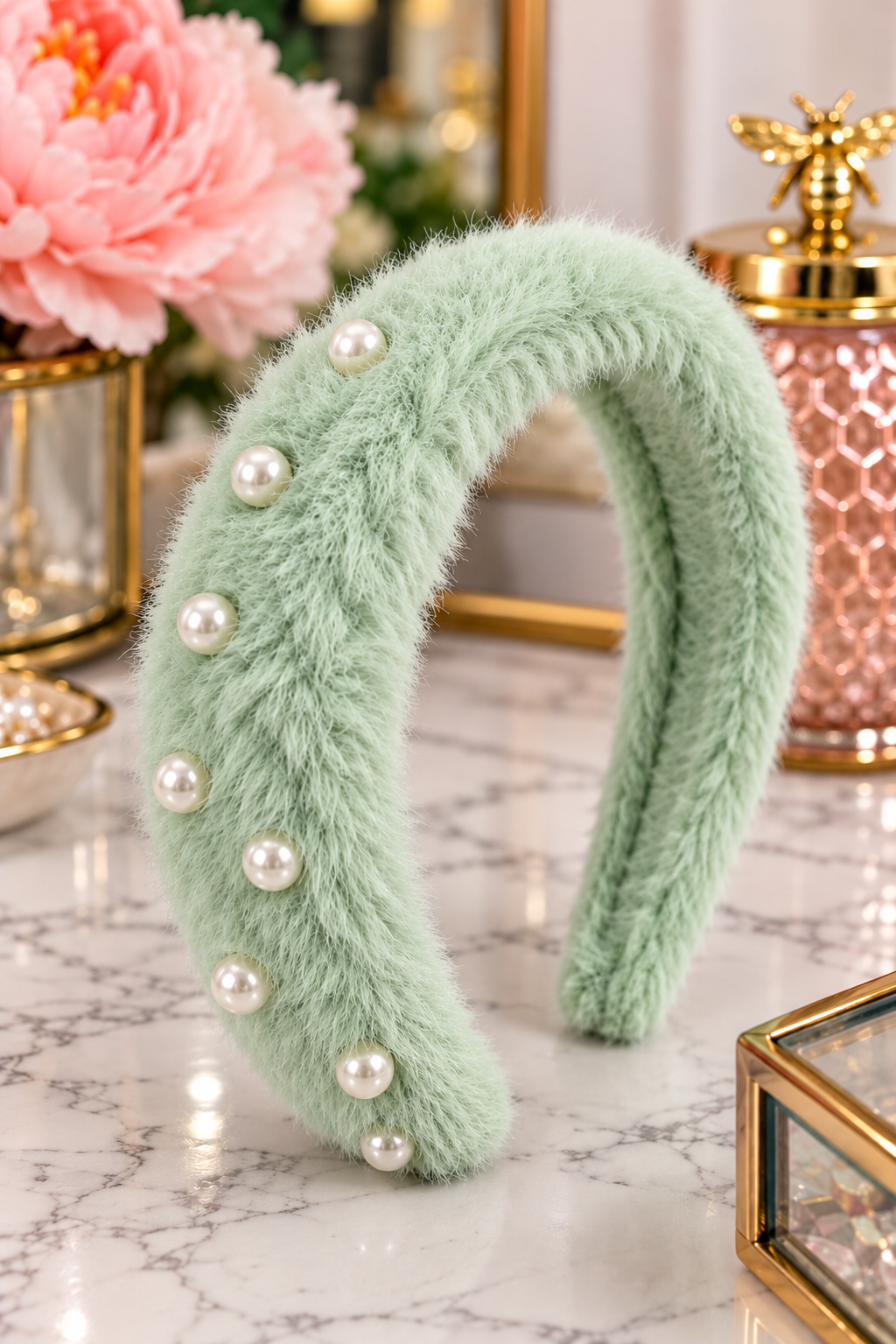 Mint Green faux fur pearl accent padded headband