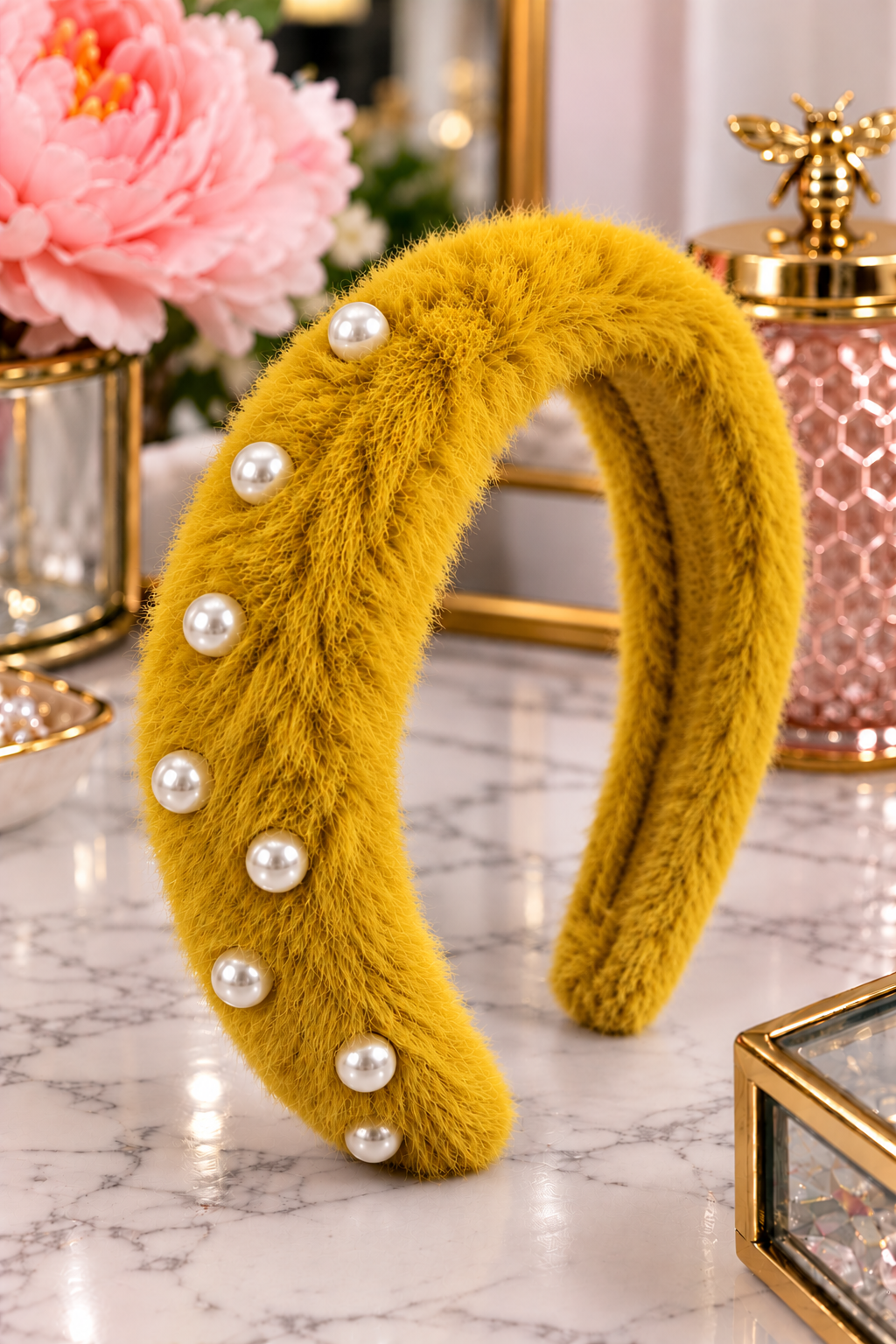 Mustard Yellow faux fur pearl accent padded headband