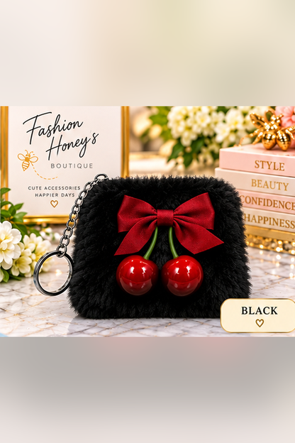 Black fuzzy cherry pouch keychain