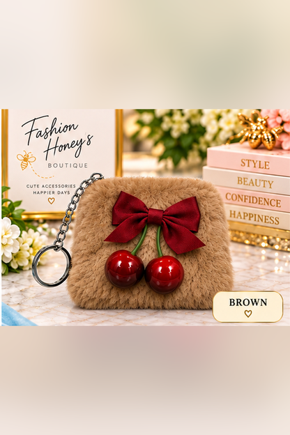 Brown fuzzy cherry pouch keychain