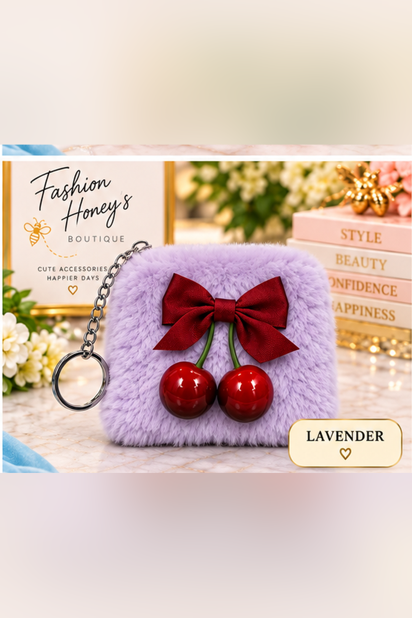 Lavender fuzzy cherry pouch keychain