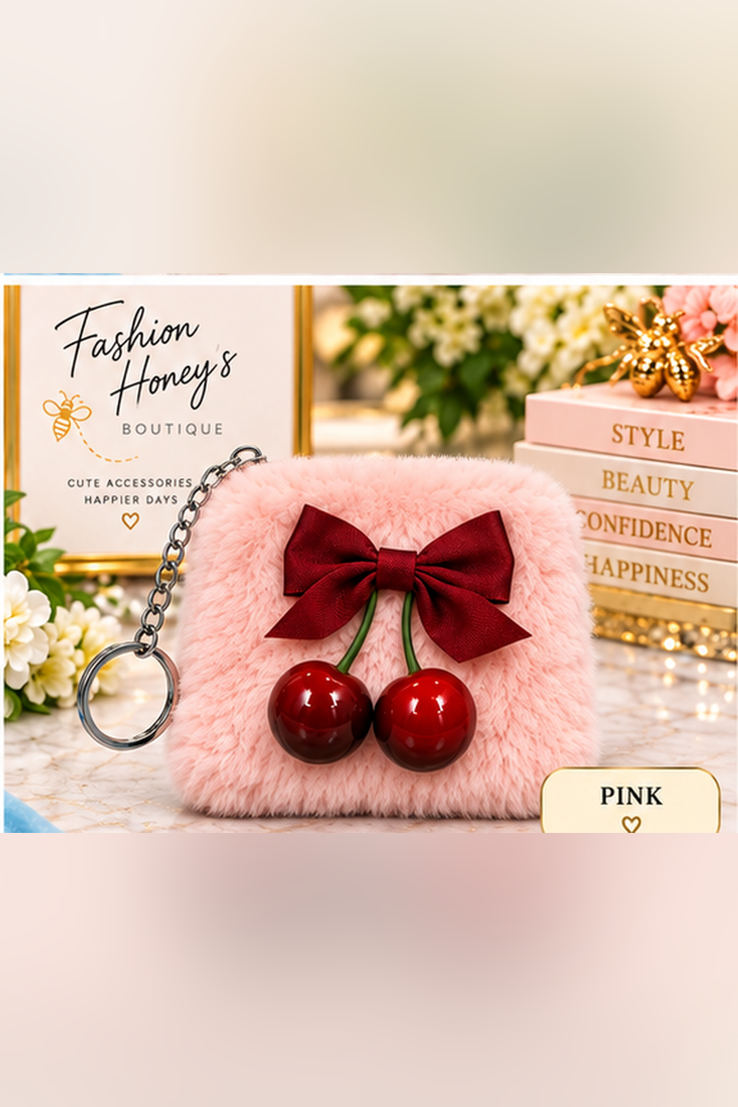 Pink fuzzy cherry pouch keychain