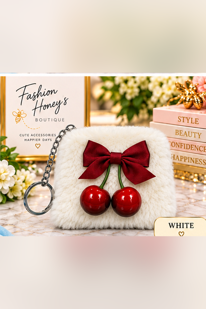 White fuzzy cherry pouch keychain