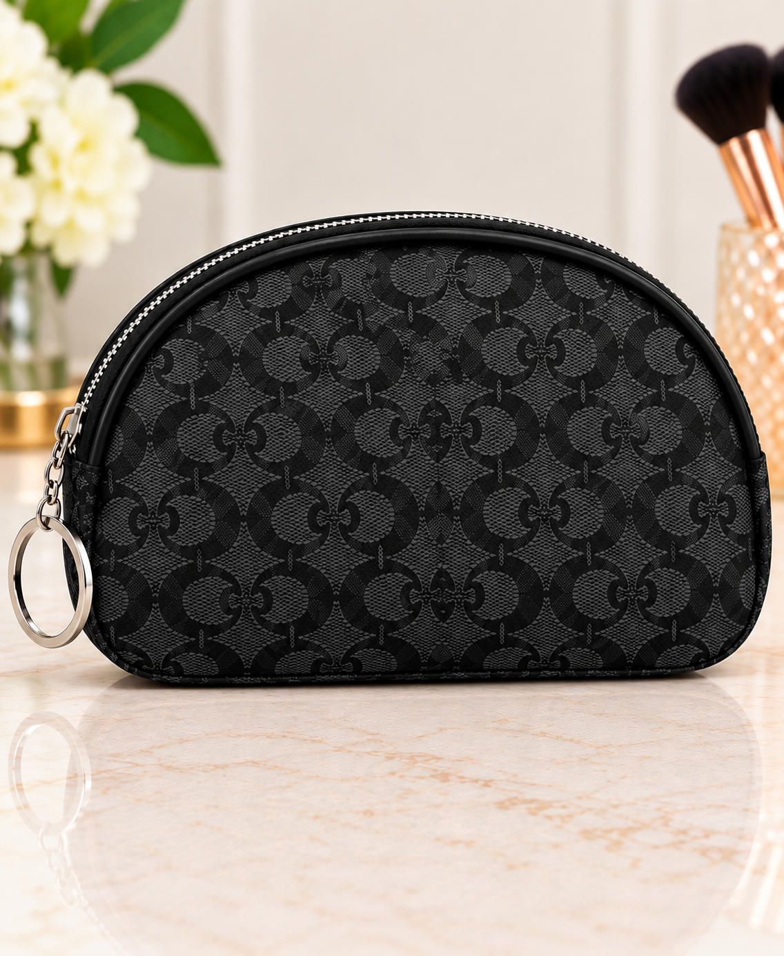 Black half moon monogram makeup bag with one side keyring