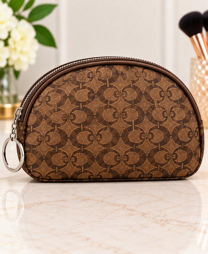 Brown half moon monogram makeup bag with one side keyring