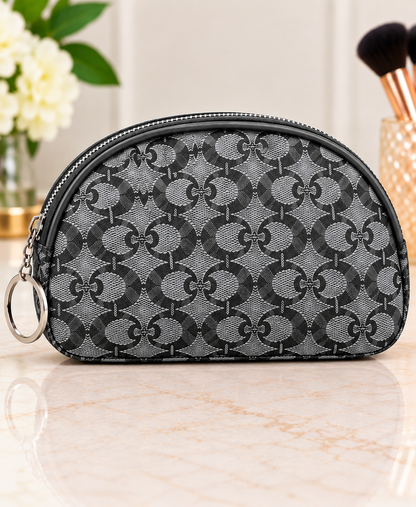 Gray half moon monogram makeup bag with one side keyring